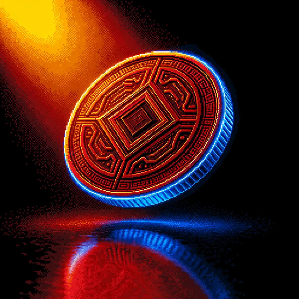 Pixel-art crypto coins and geometric tokens stacked